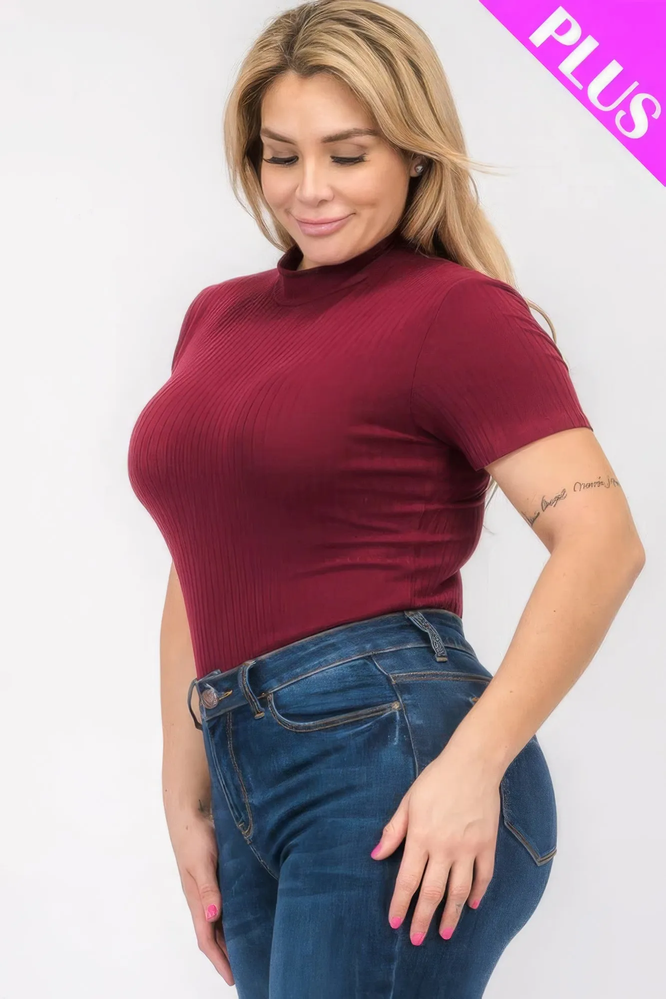 Plus Size Ribbed Short Sleeve Bodysuit