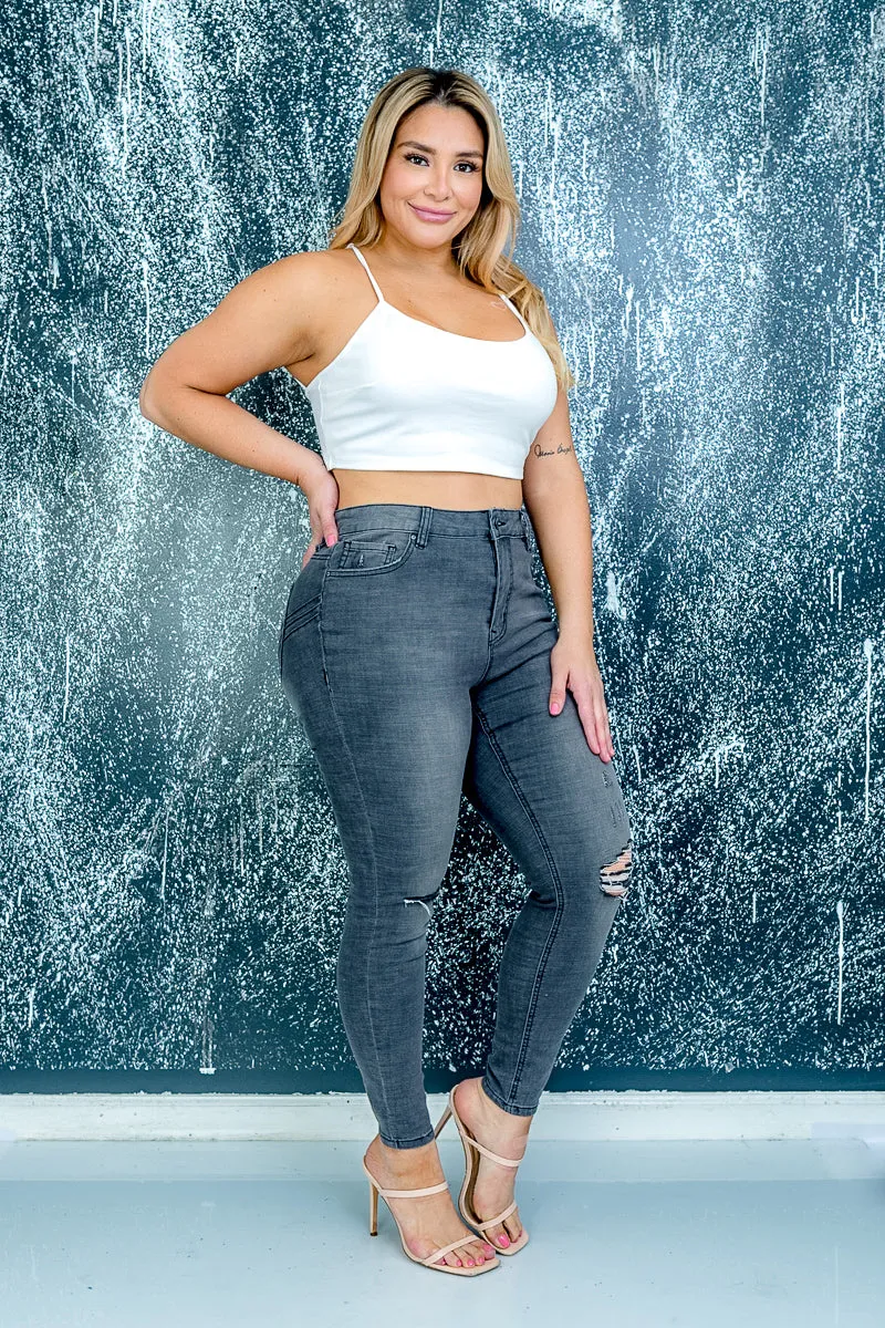 Plus Size Stretch Denim Skinny Jeans with Fading and Ripped Detail at Knee in Charcoal (HPS-1556-BLK)