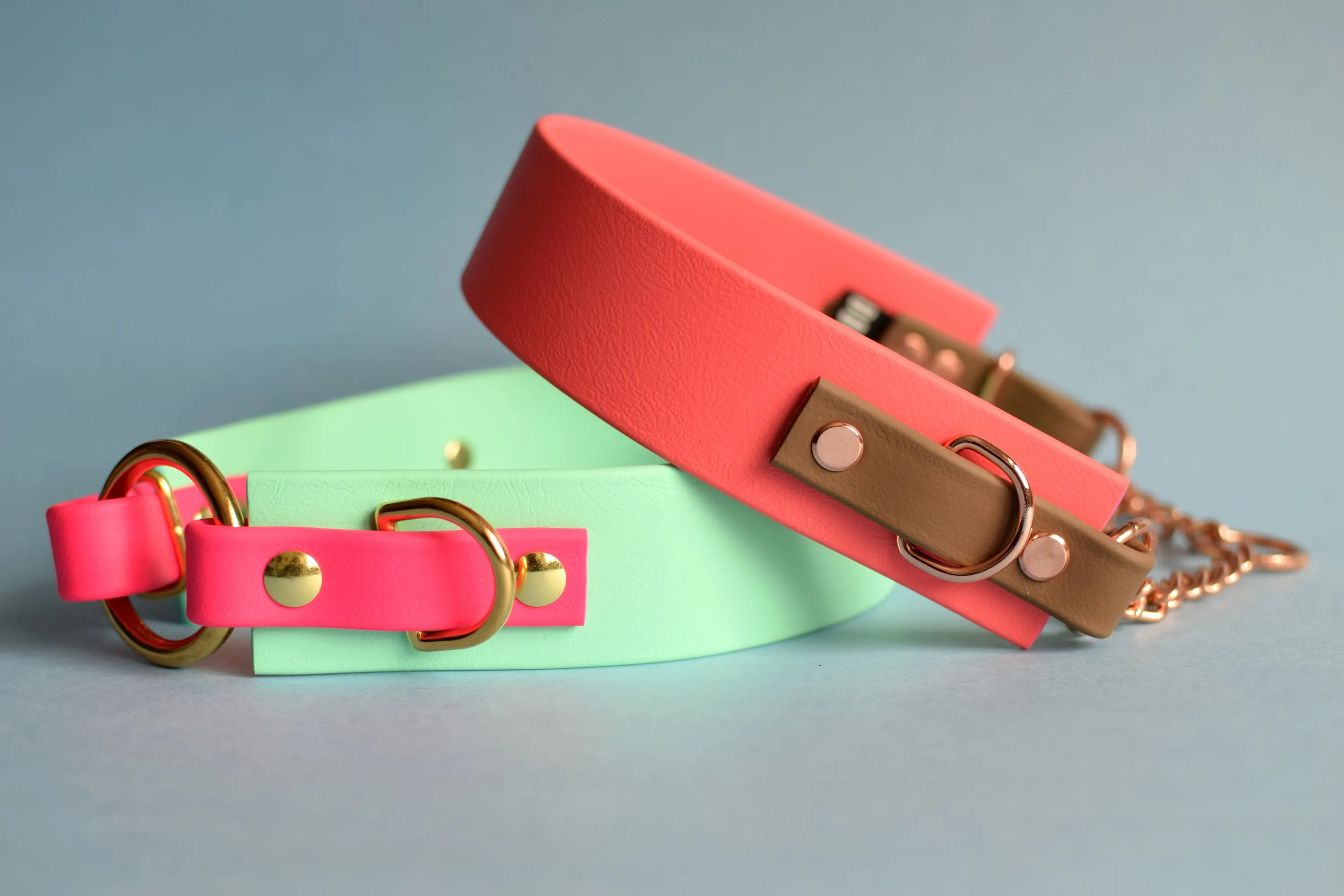 PREMADE COLLECTION - Seafoam & Fuchsia with Brass, Osgiliath Biothane Dog Collar