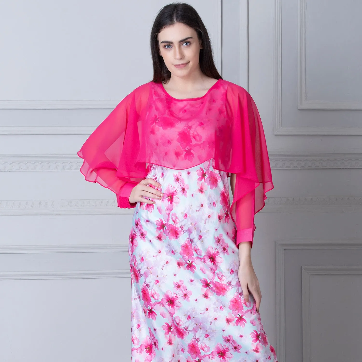 Printed Satin Nighty with Pink chiffon Cape