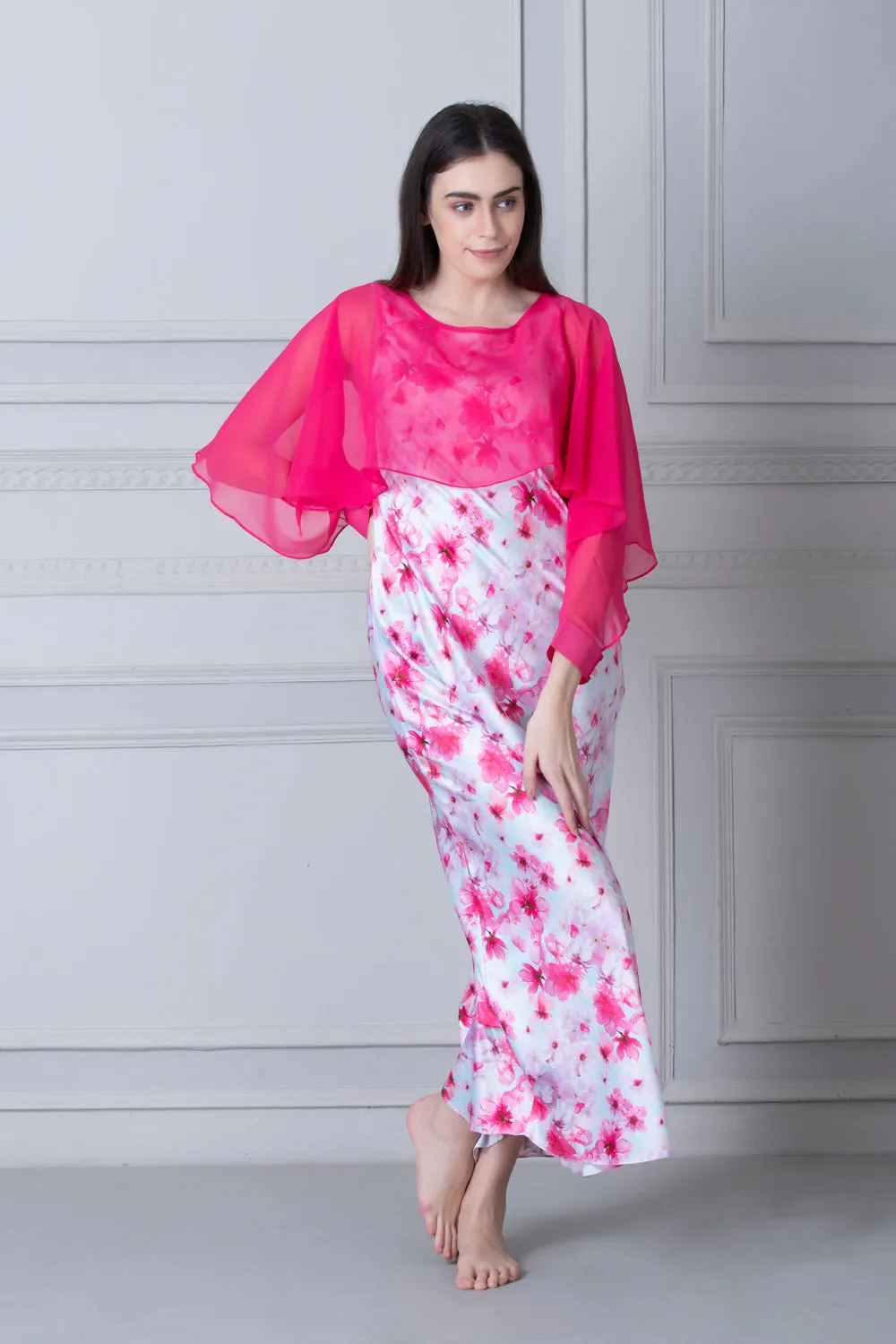 Printed Satin Nighty with Pink chiffon Cape