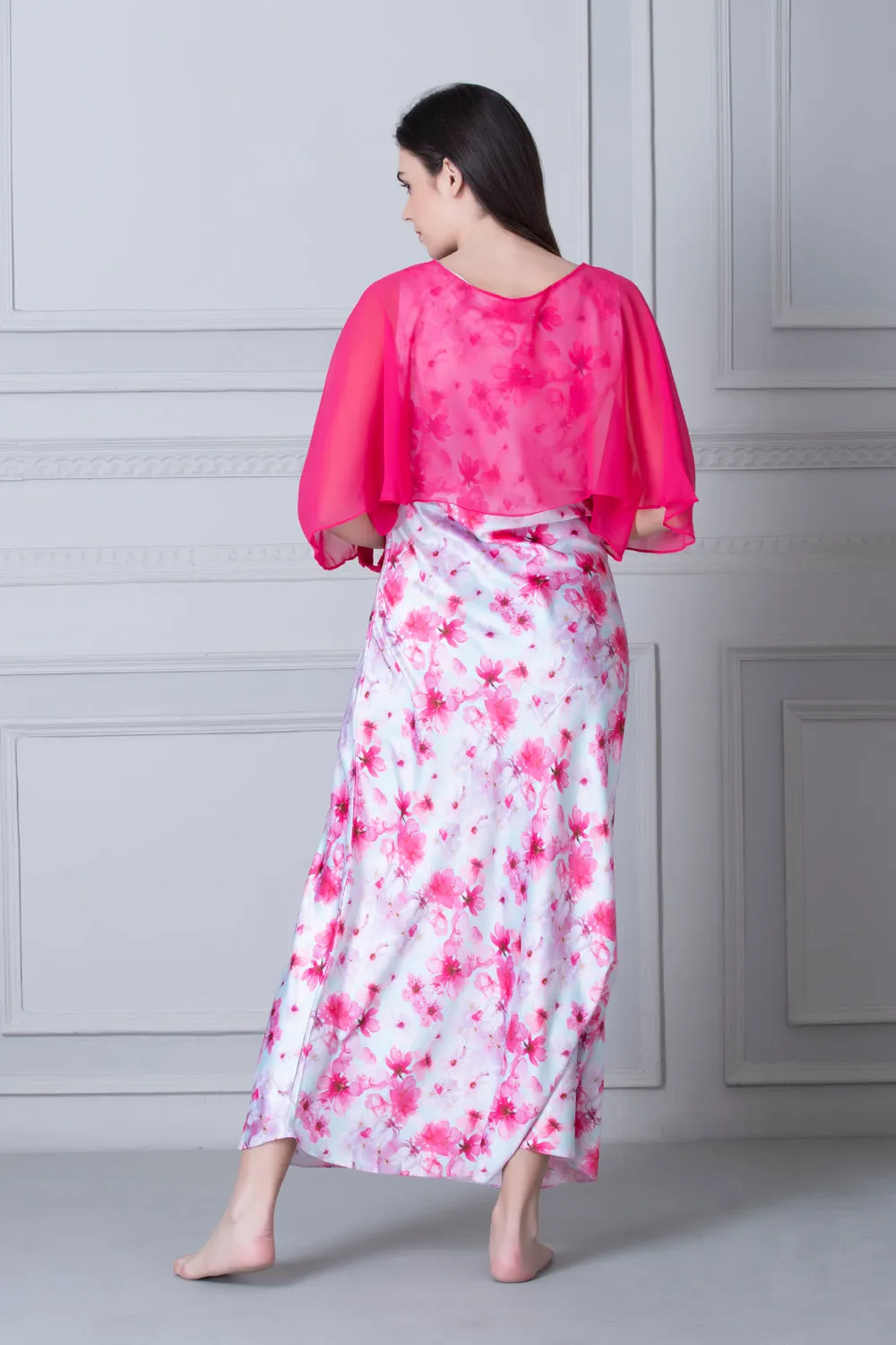 Printed Satin Nighty with Pink chiffon Cape