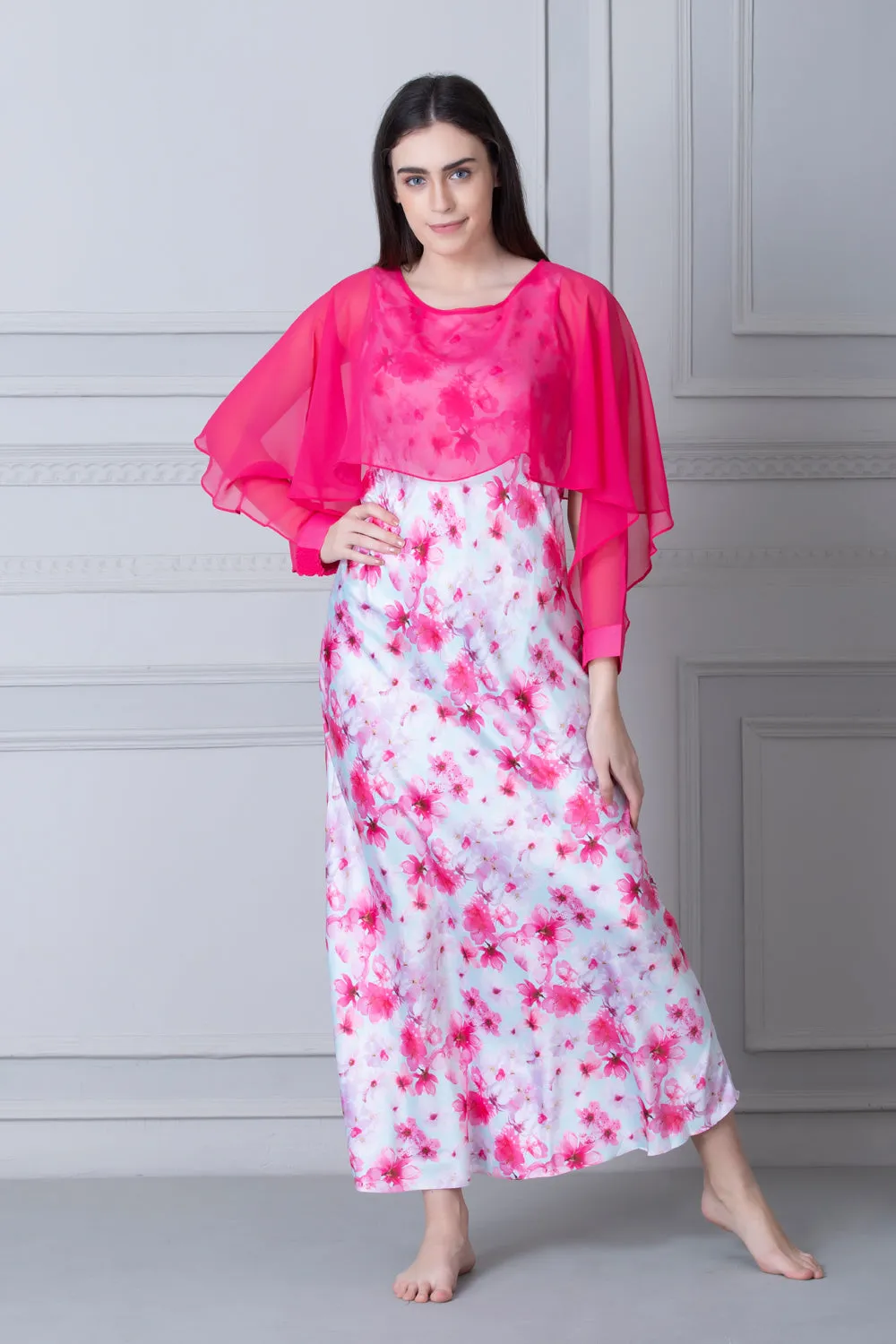 Printed Satin Nighty with Pink chiffon Cape