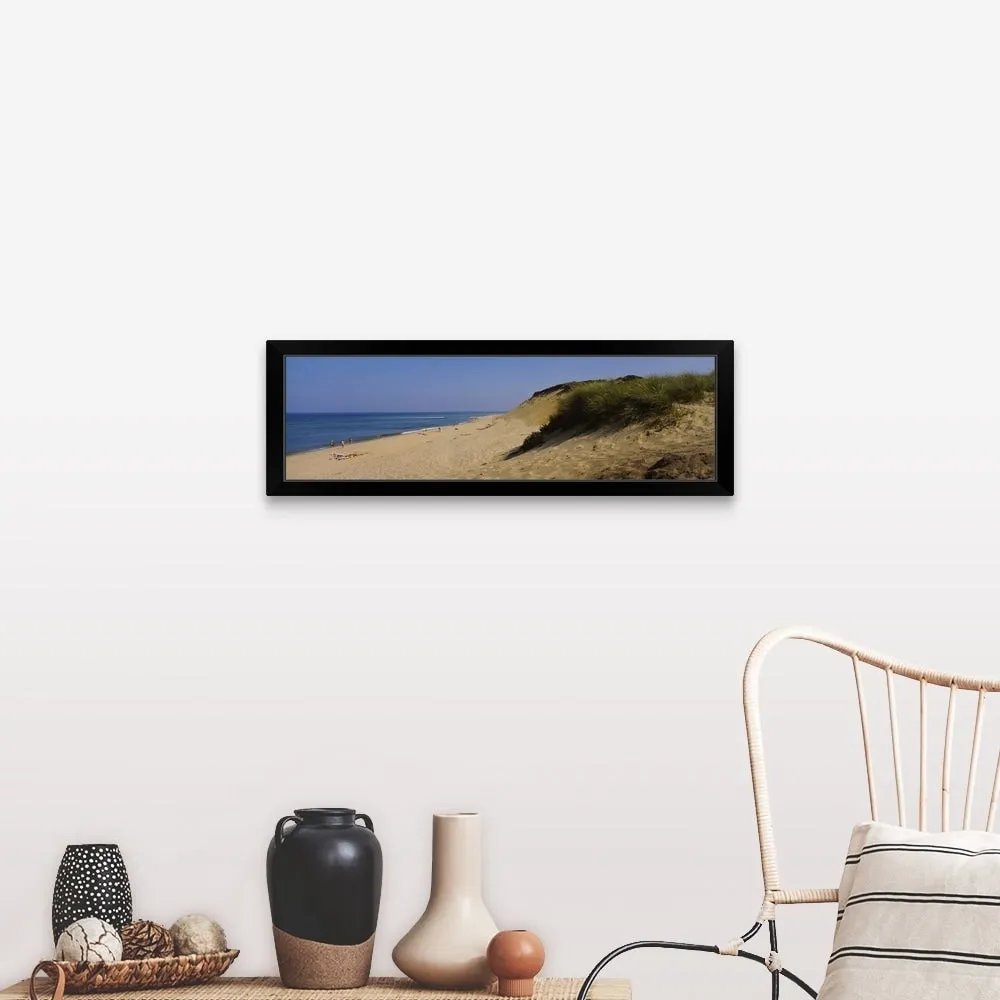 "High angle view of tourists on the beach, Cape Cod, Massachusetts, New England" Black Framed Print