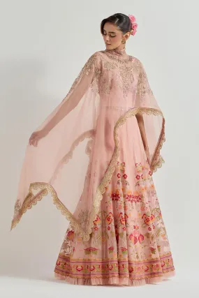 Raeth Pink Embroidered Cape & Lehenga Set