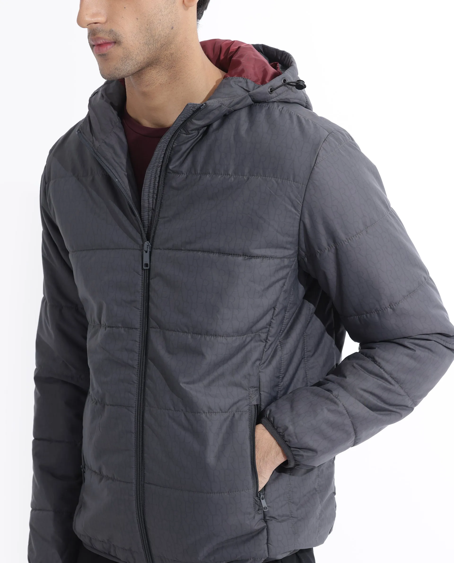 Rare Rabbit Men's Vasto Dark Grey Branded And Hooded Puffer Jacket