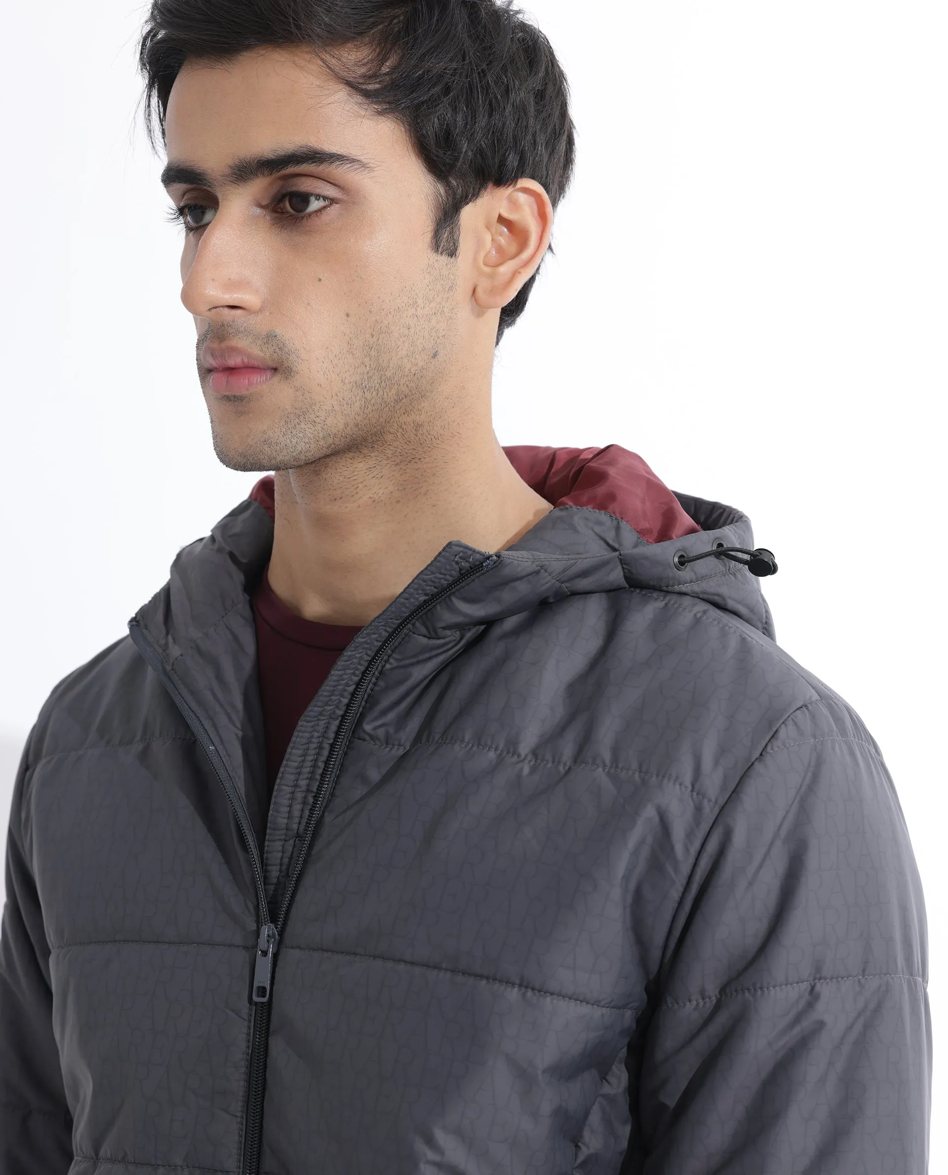 Rare Rabbit Men's Vasto Dark Grey Branded And Hooded Puffer Jacket