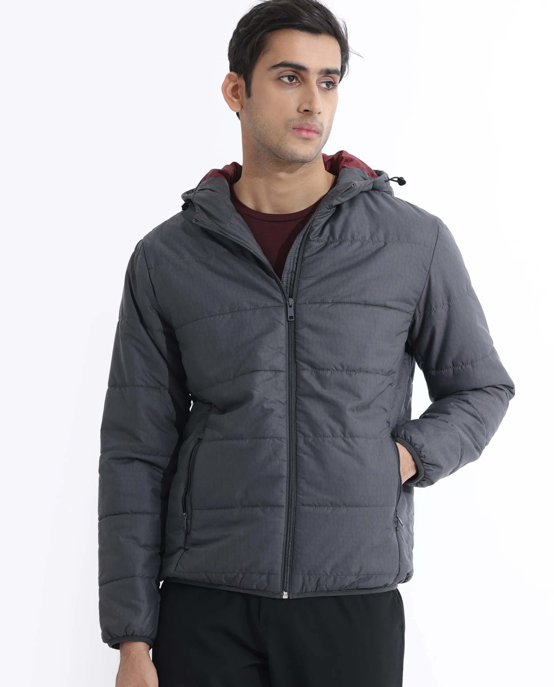 Rare Rabbit Men's Vasto Dark Grey Branded And Hooded Puffer Jacket