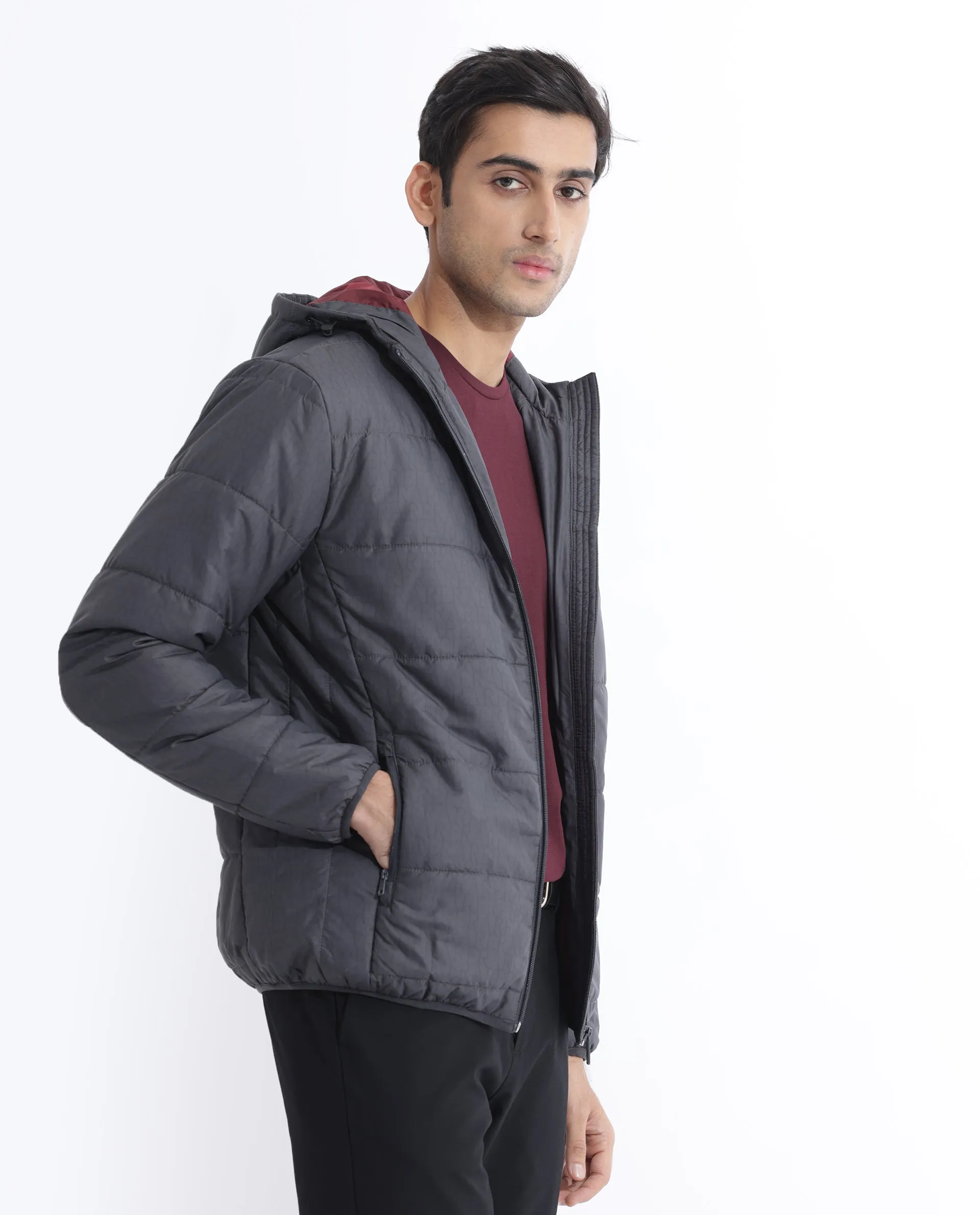 Rare Rabbit Men's Vasto Dark Grey Branded And Hooded Puffer Jacket