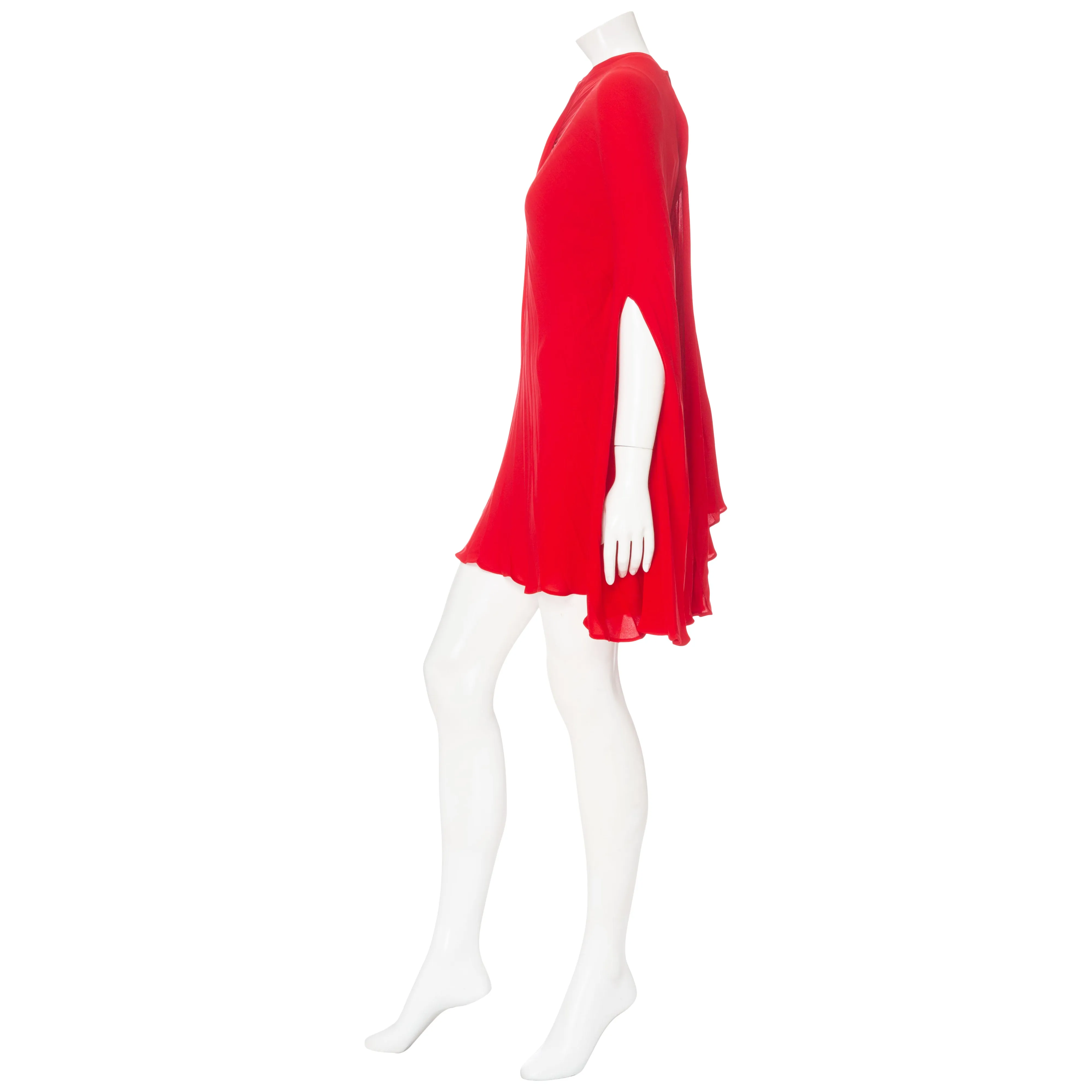 Red Silk-Georgette Cape-Effect Bodysuit Mini Dress