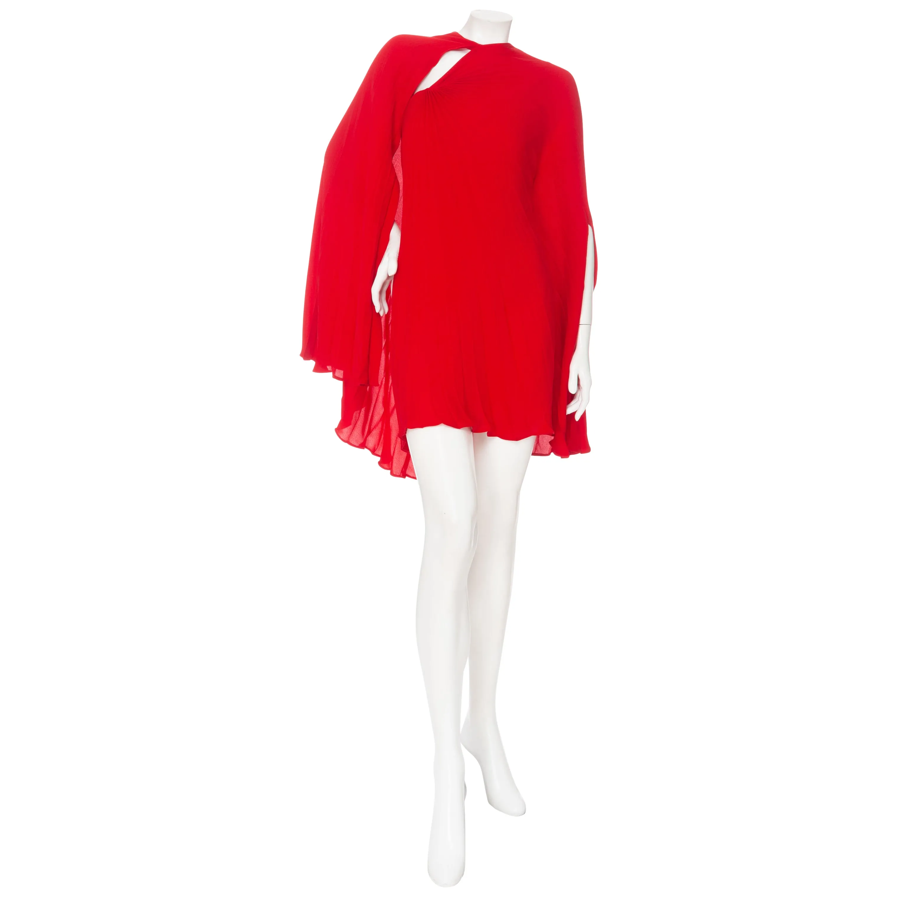 Red Silk-Georgette Cape-Effect Bodysuit Mini Dress