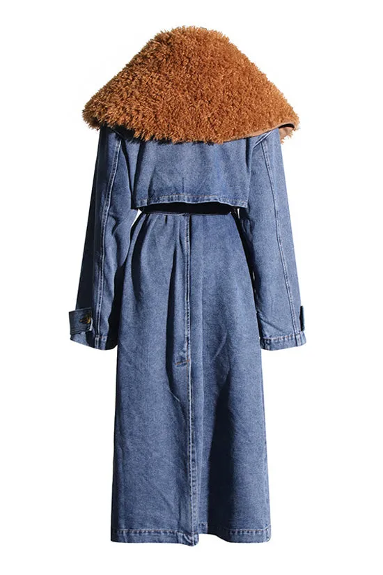 Retro Faux Fur Collar Button Up Belted Cinch Waist Denim Trench Coat