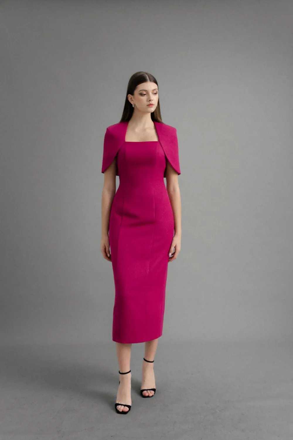 Rina Sheath Cape Shoulder Felt Midi Dress