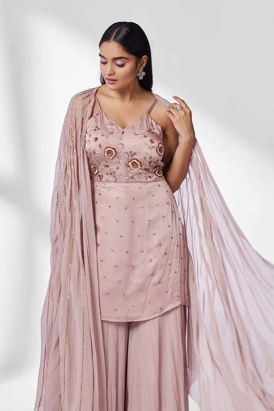 Rose Pink Sharara Set with Cape (Set of 3)