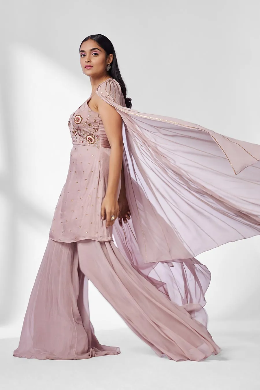 Rose Pink Sharara Set with Cape (Set of 3)