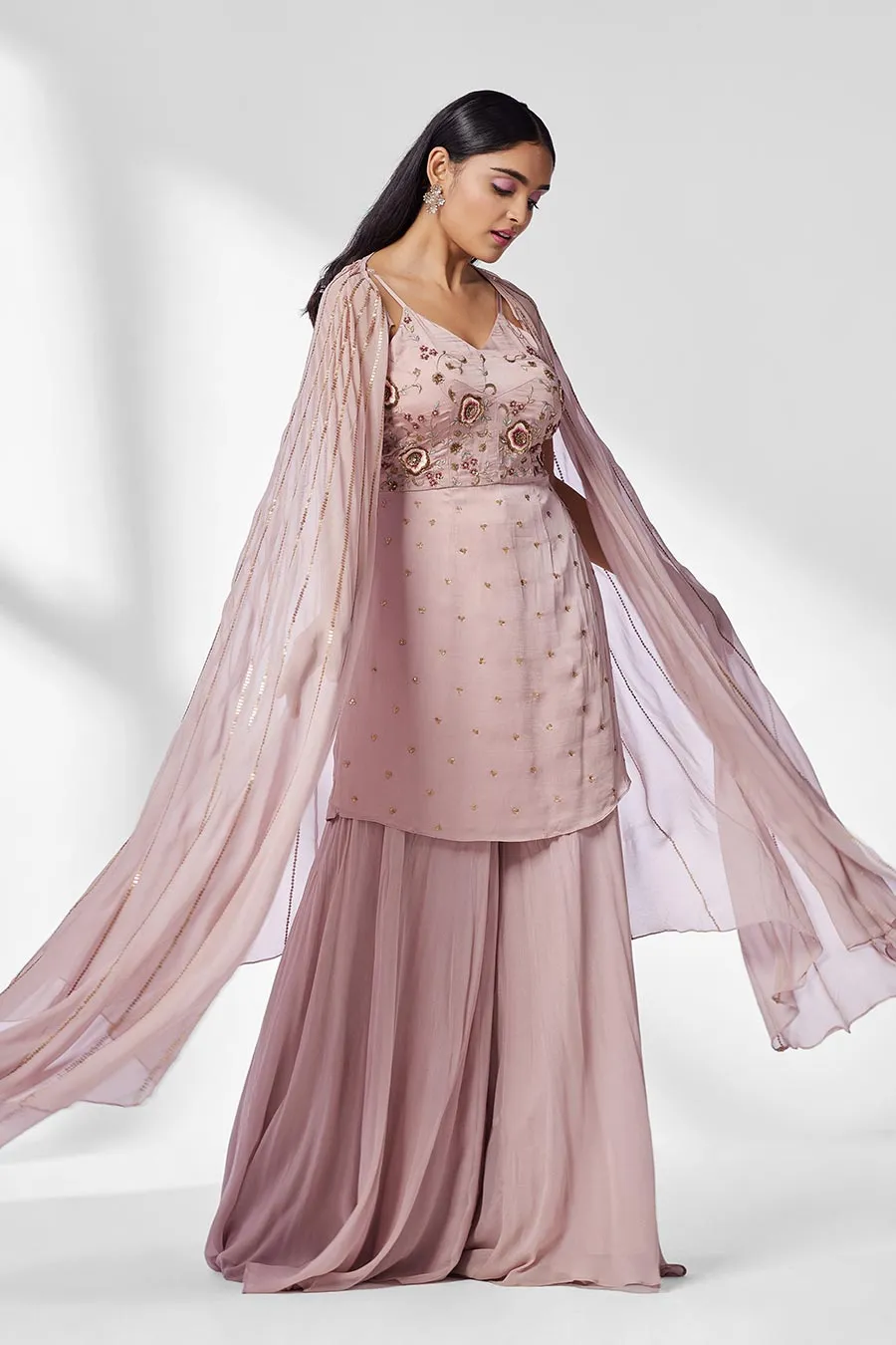 Rose Pink Sharara Set with Cape (Set of 3)