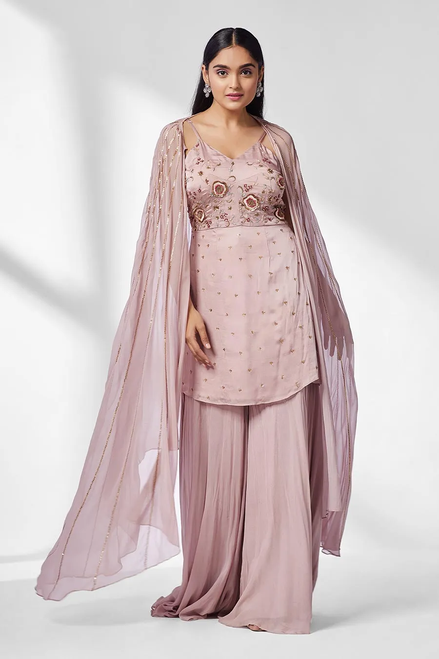 Rose Pink Sharara Set with Cape (Set of 3)