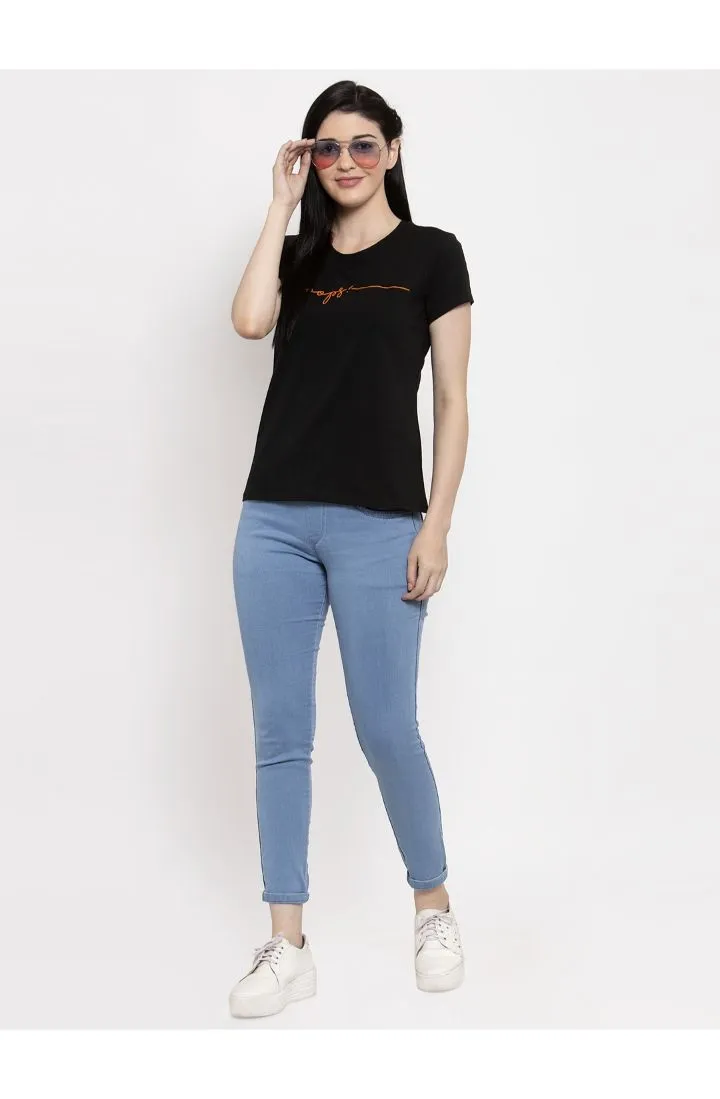 Round Neck Placement Print T-Shirt - Black