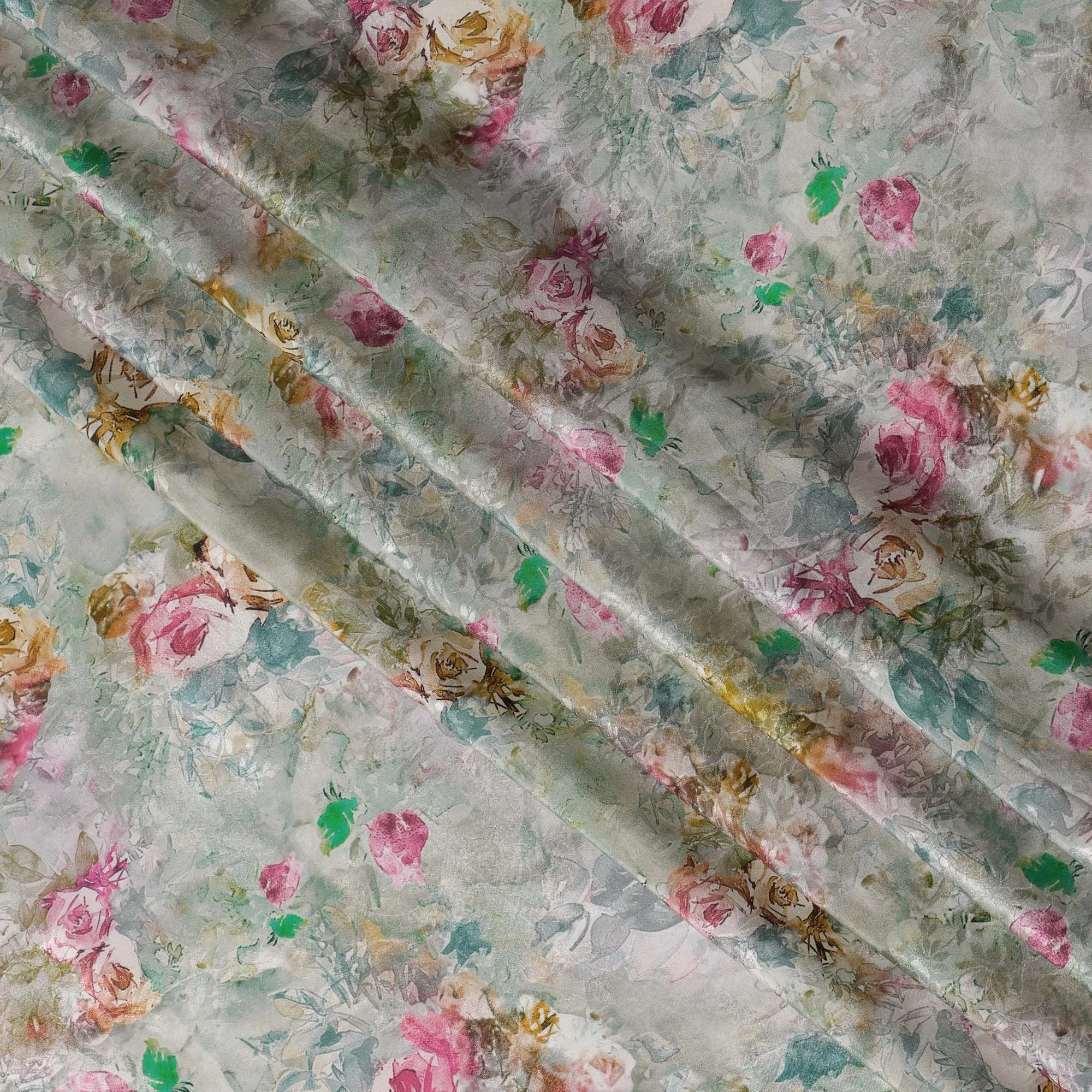 Sage Green Indian Viscose Modal Satin Fabric, Pastel Floral Print, 110 cm Width-D20931