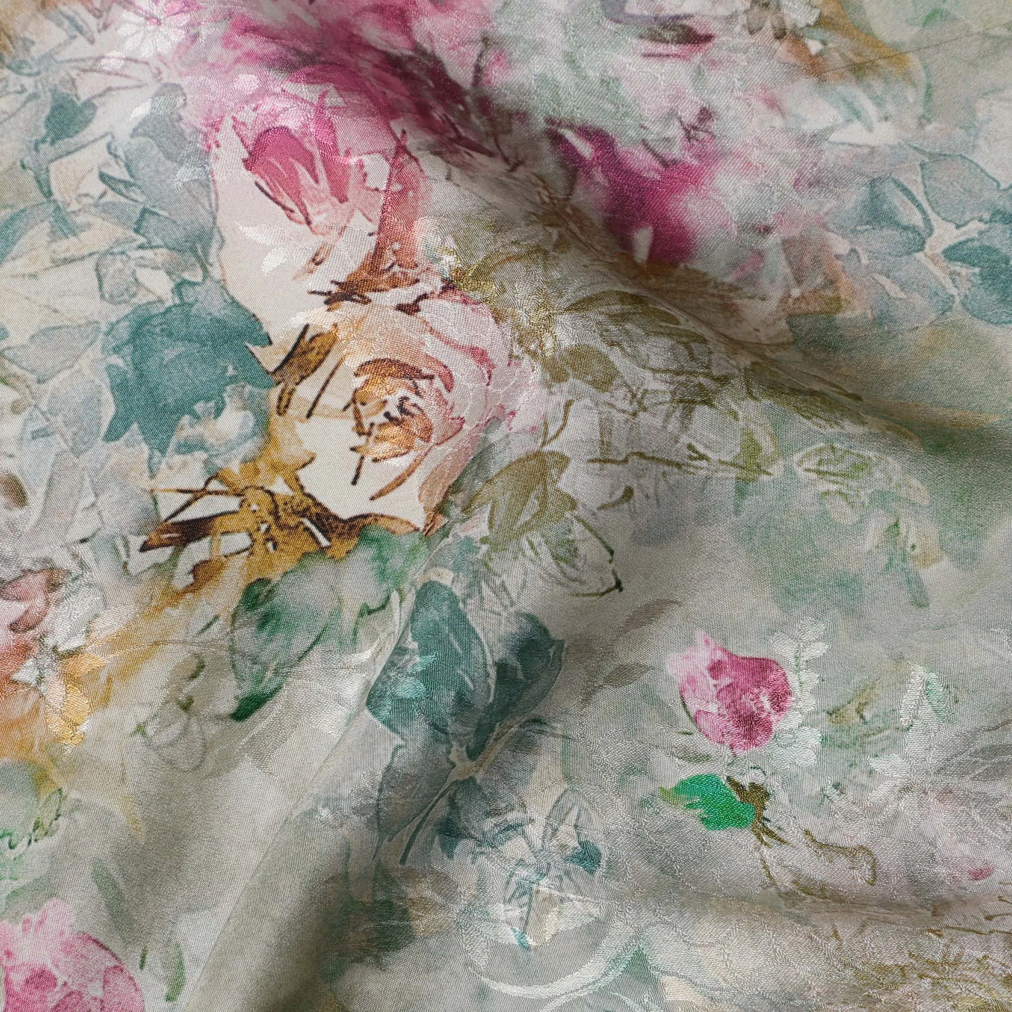 Sage Green Indian Viscose Modal Satin Fabric, Pastel Floral Print, 110 cm Width-D20931