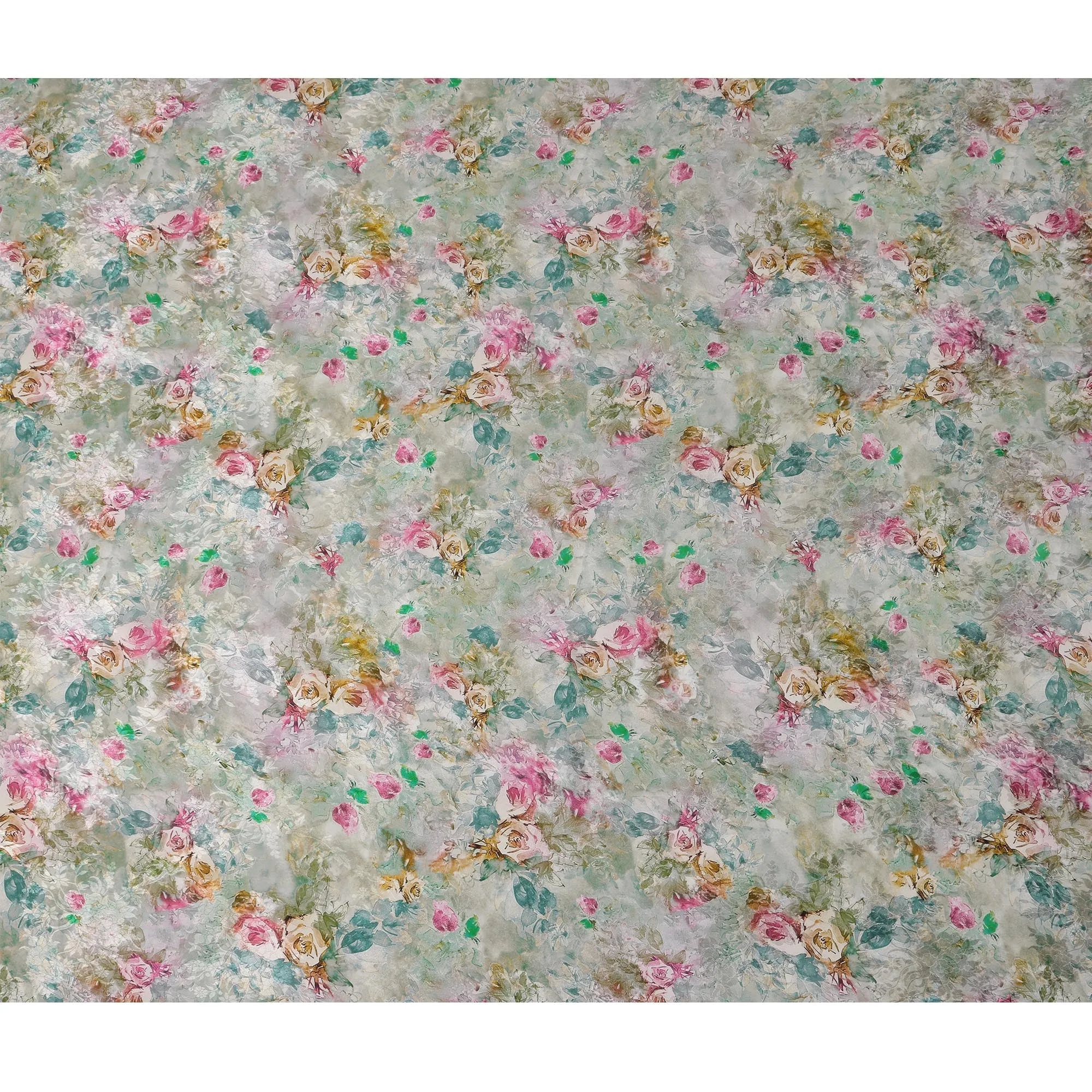 Sage Green Indian Viscose Modal Satin Fabric, Pastel Floral Print, 110 cm Width-D20931