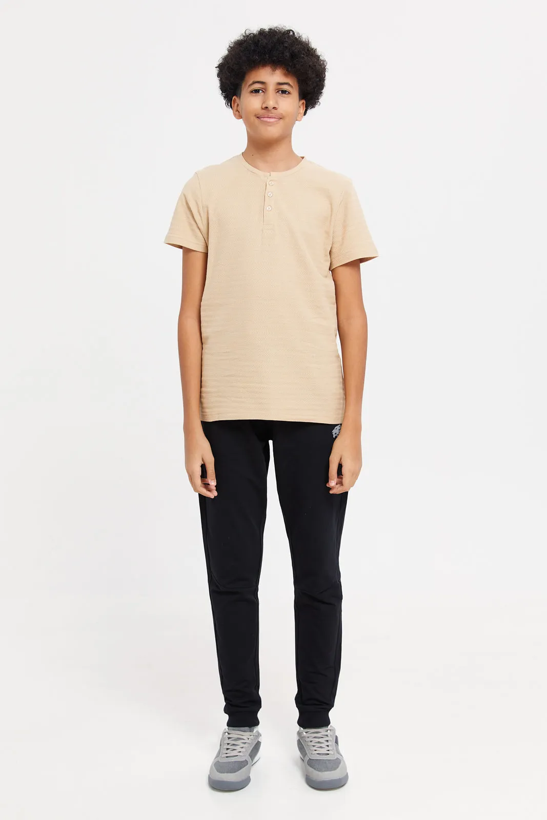 Senior Boys Beige Jacquard Henley T-Shirt