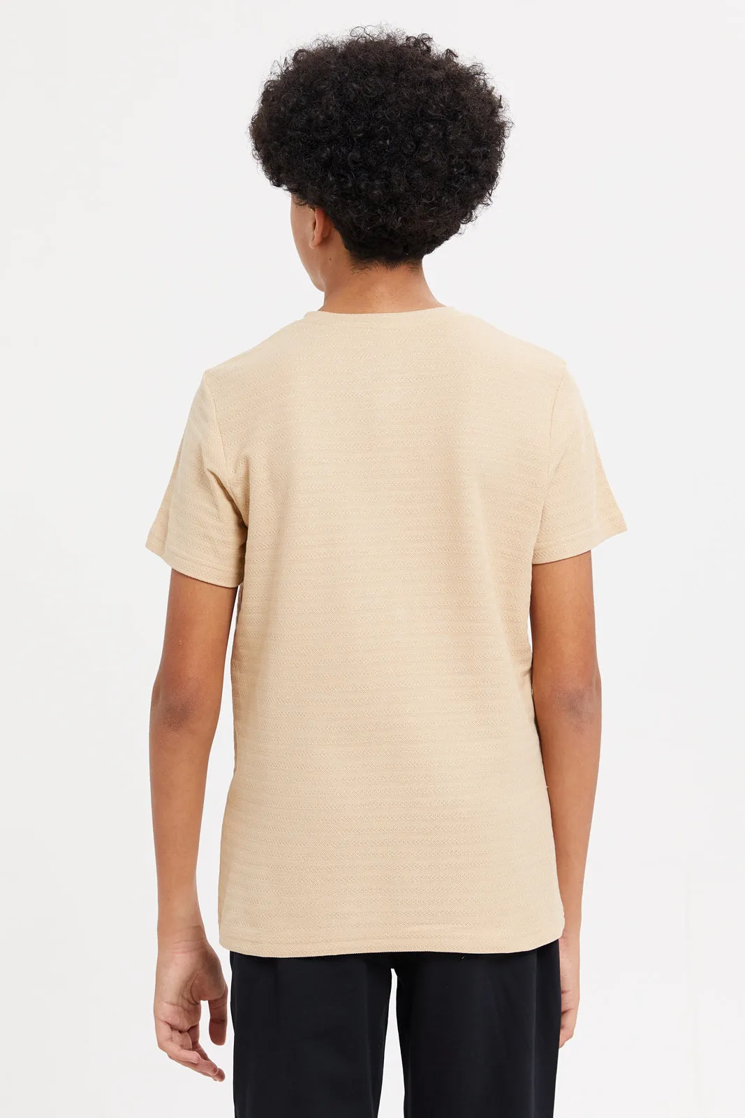 Senior Boys Beige Jacquard Henley T-Shirt