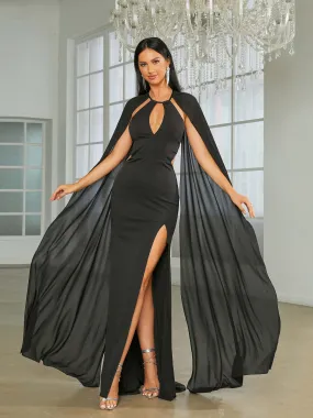 Sexy Cutout Tulle Cape Black Prom Dress RA60044