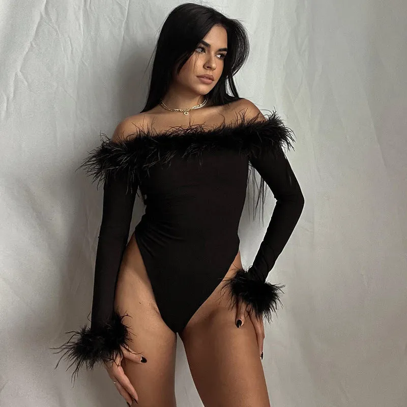 Sexy Slim Hairy One-shoulder Long-sleeved bodysuit