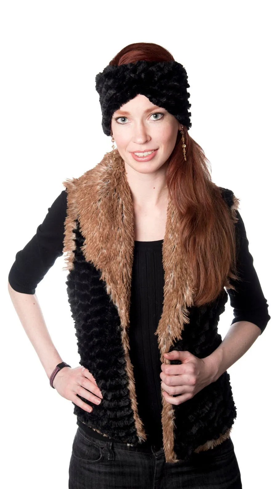 Shawl Collar Vest, Reversible less pockets - Desert Sand Faux Fur with Cuddly Fur in Black