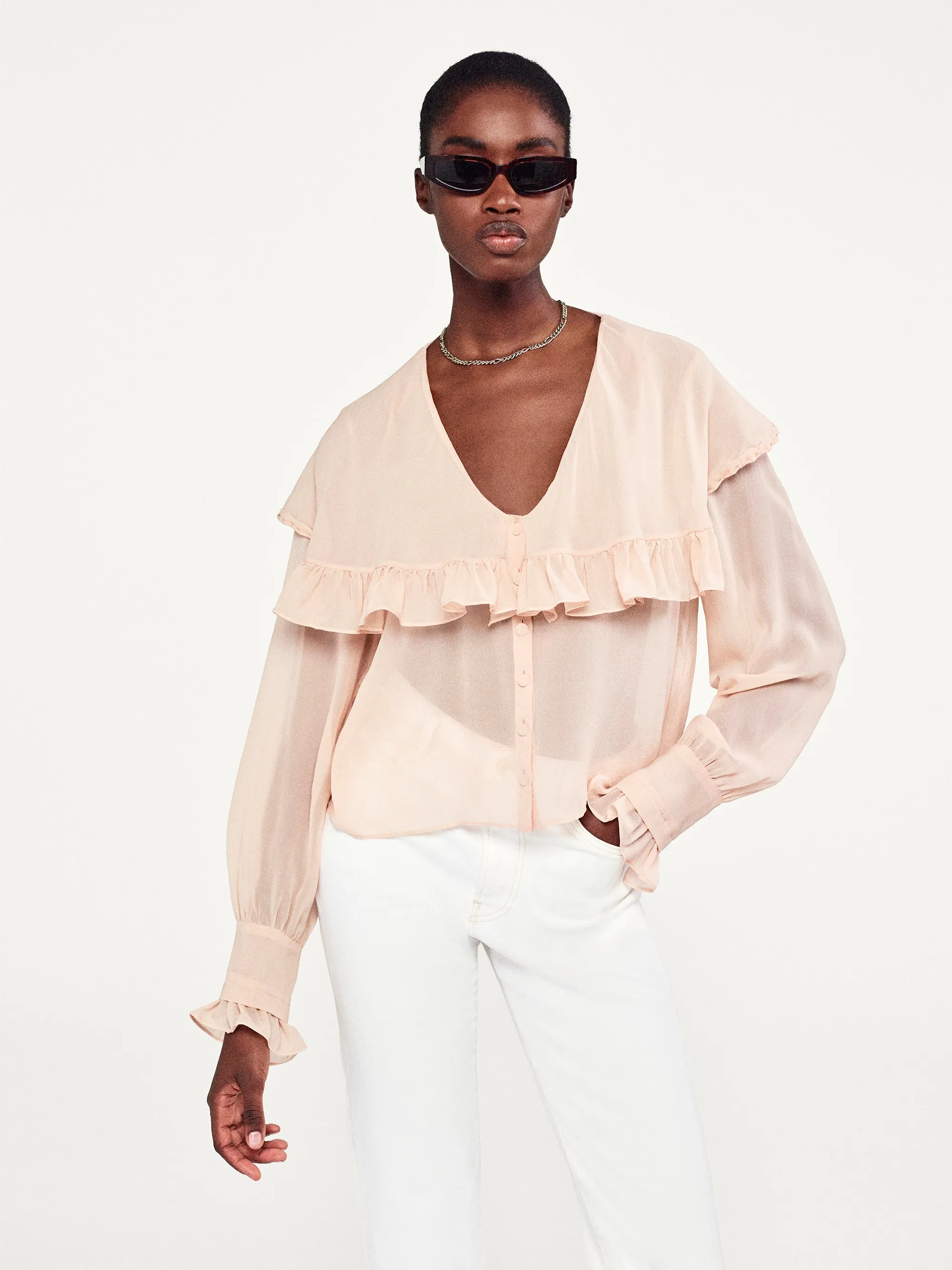 Sheer Ruffle Blouse -- Light Petal