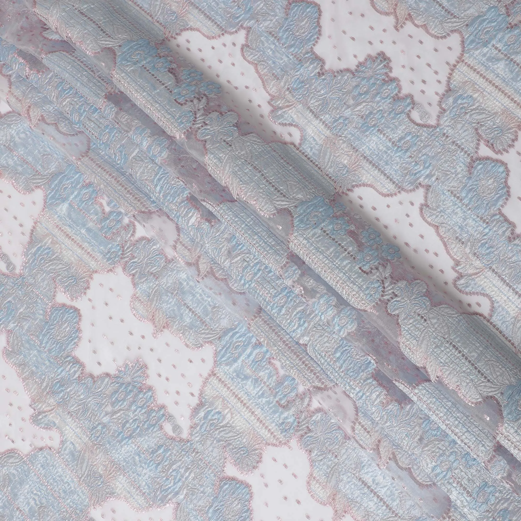 Sky Blue and Silver Synthetic Brocade Fabric with Textured Design - 140 cm Width-D19807