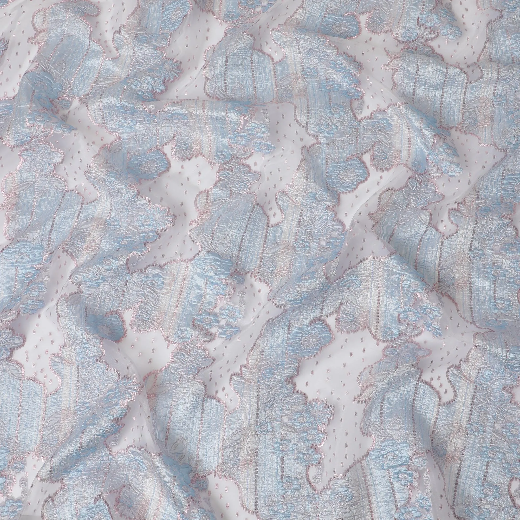 Sky Blue and Silver Synthetic Brocade Fabric with Textured Design - 140 cm Width-D19807