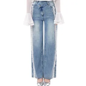 Slant Lapel Patchwork Lace Jeans