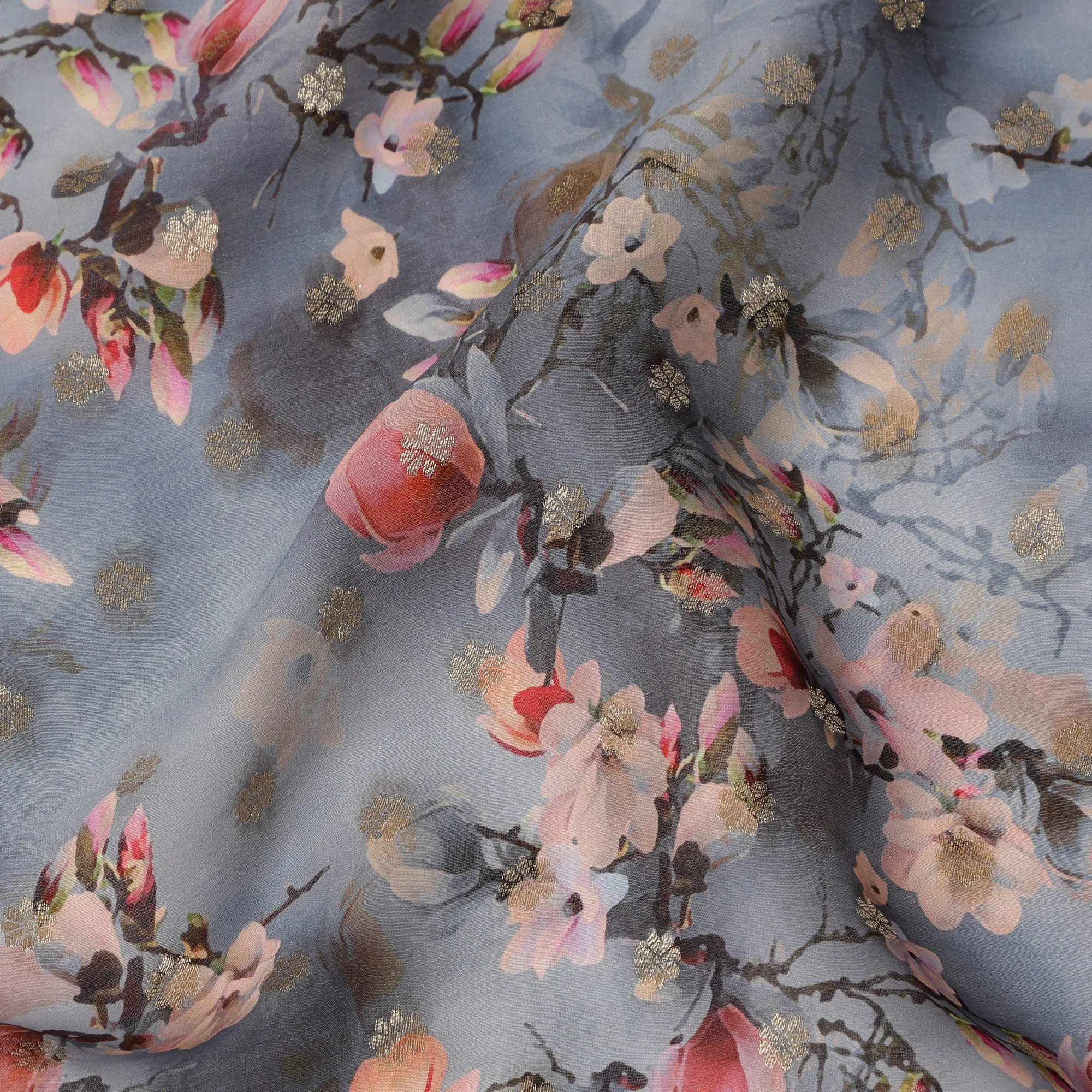 Steel Blue Floral Synthetic Organza Satin Fabric, 110 cm Wide, Made in India-D20982