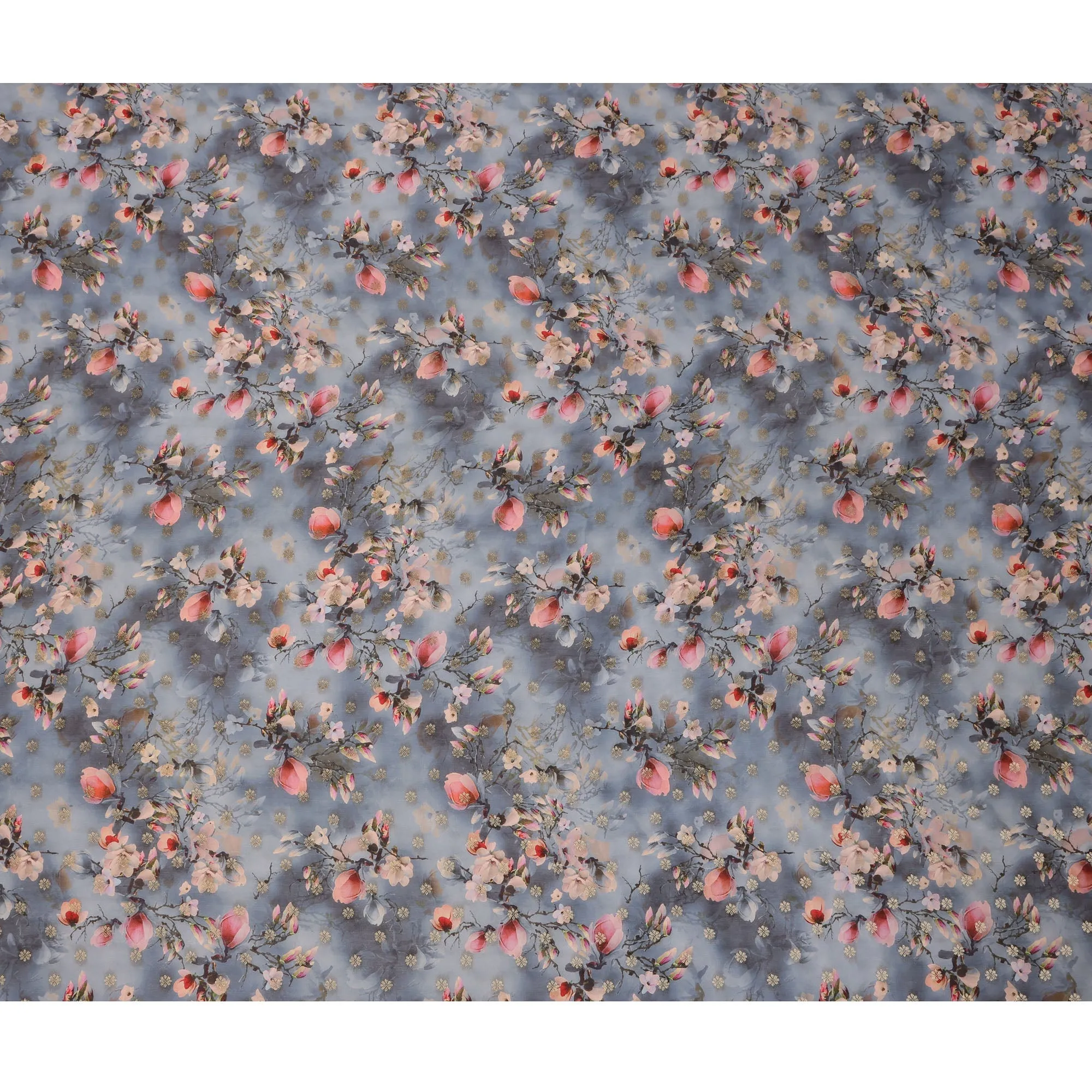 Steel Blue Floral Synthetic Organza Satin Fabric, 110 cm Wide, Made in India-D20982