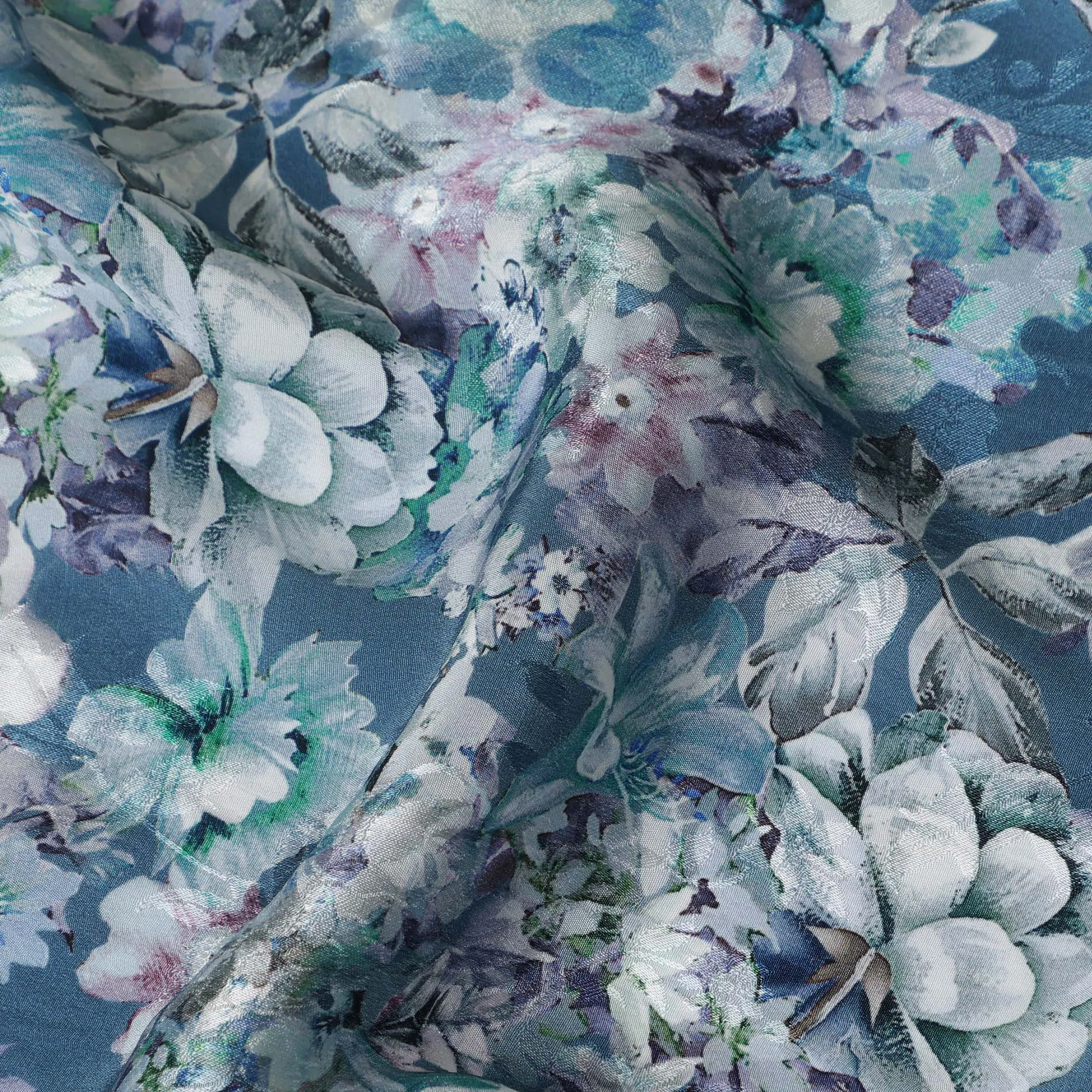 Steel Blue Indian Viscose Modal Satin Fabric, Pastel Floral Print, 110 cm Width-D20940