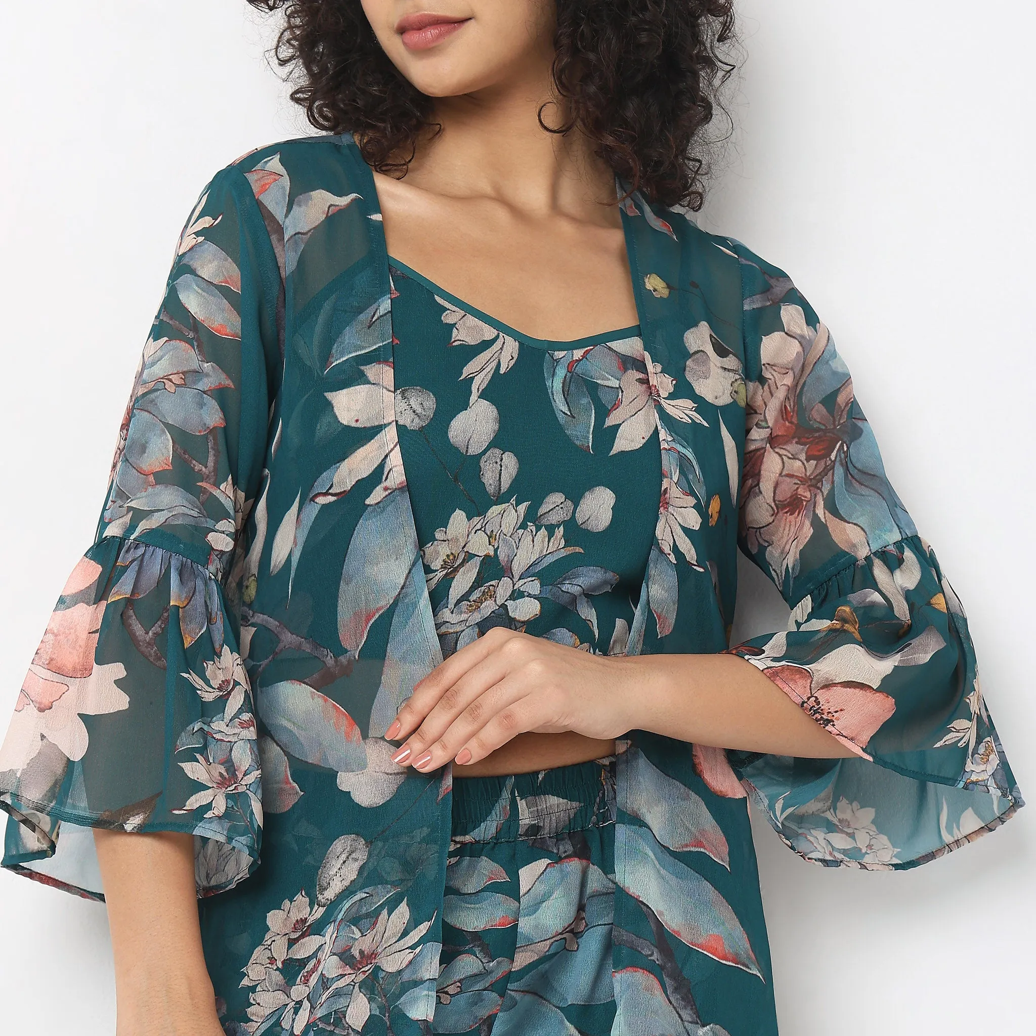 Straight Fit Printed Top with Palazzo & with Cape Set