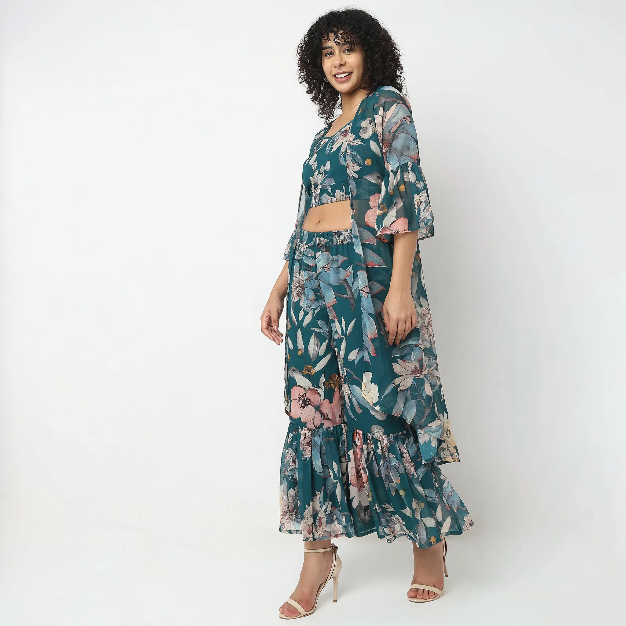 Straight Fit Printed Top with Palazzo & with Cape Set