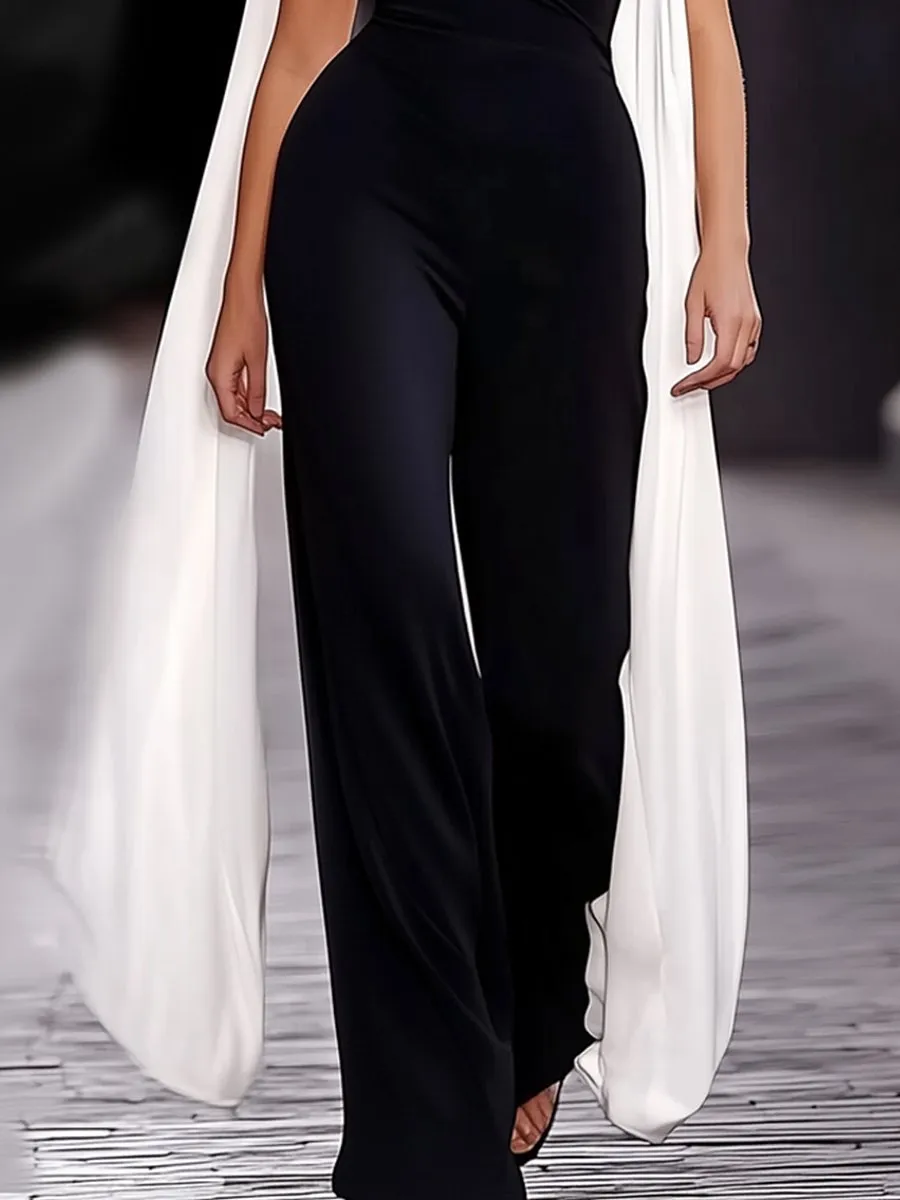 Stunning Black Plunge Neck  with White Cape Overlay Jumpsuit