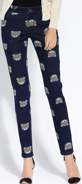 'Teddy Bear' Printed Skinny Jeans