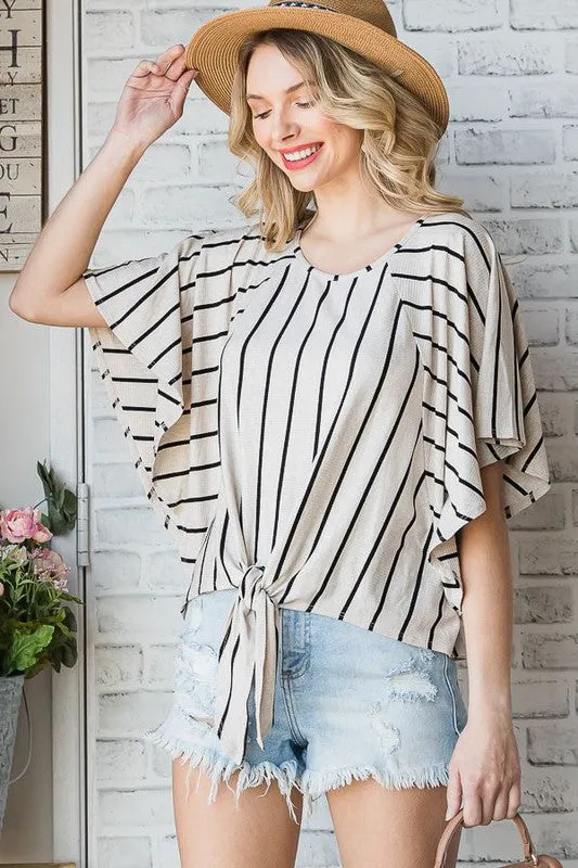 TEEK - GREY STRIPE TIE HEM ROUND NECK CAPE SLEEVE TOP