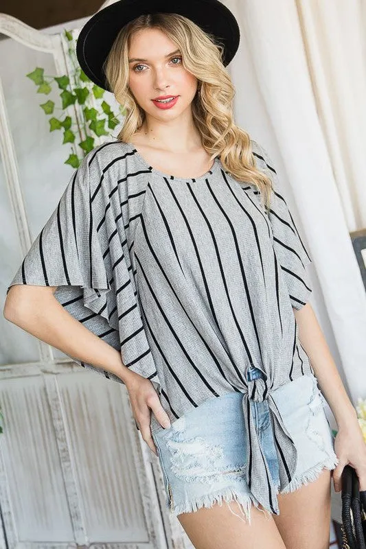 TEEK - GREY STRIPE TIE HEM ROUND NECK CAPE SLEEVE TOP