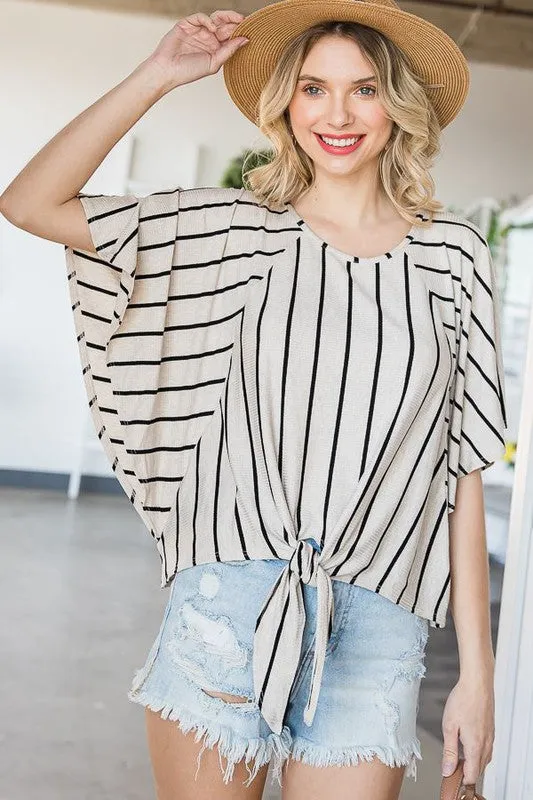 TEEK - GREY STRIPE TIE HEM ROUND NECK CAPE SLEEVE TOP