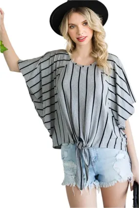 TEEK - GREY STRIPE TIE HEM ROUND NECK CAPE SLEEVE TOP