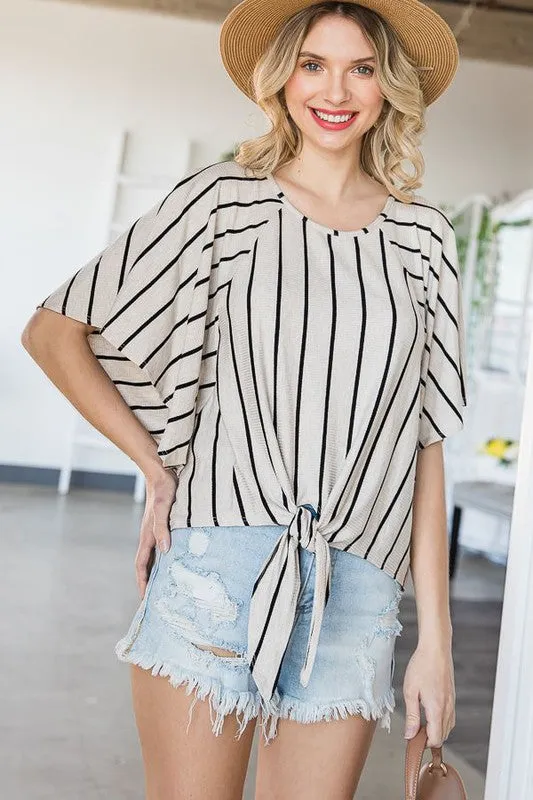 TEEK - GREY STRIPE TIE HEM ROUND NECK CAPE SLEEVE TOP