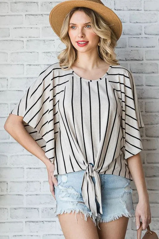 TEEK - GREY STRIPE TIE HEM ROUND NECK CAPE SLEEVE TOP