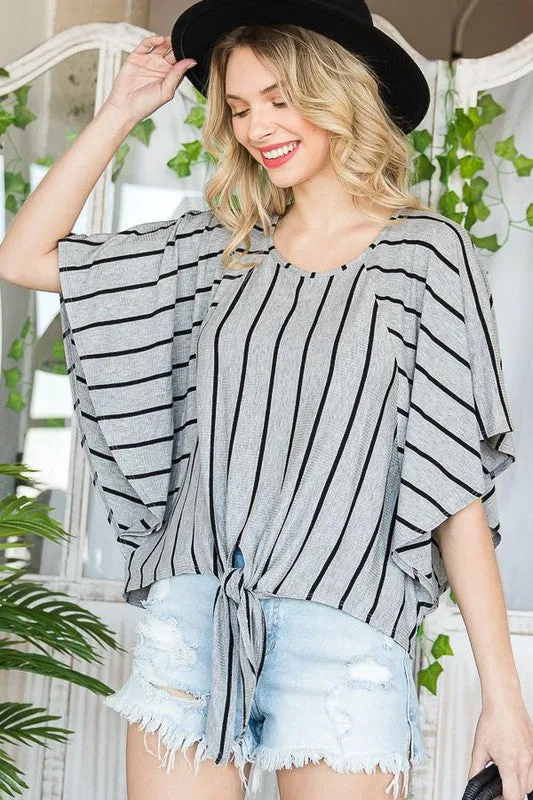 TEEK - GREY STRIPE TIE HEM ROUND NECK CAPE SLEEVE TOP