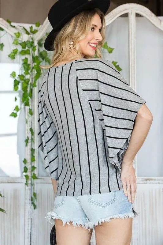 TEEK - PLUS SIZE GREY STRIPE TIE HEM CAPE SLEEVE TOP