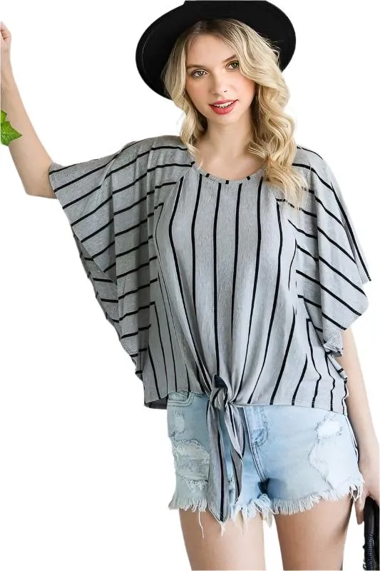 TEEK - PLUS SIZE GREY STRIPE TIE HEM CAPE SLEEVE TOP